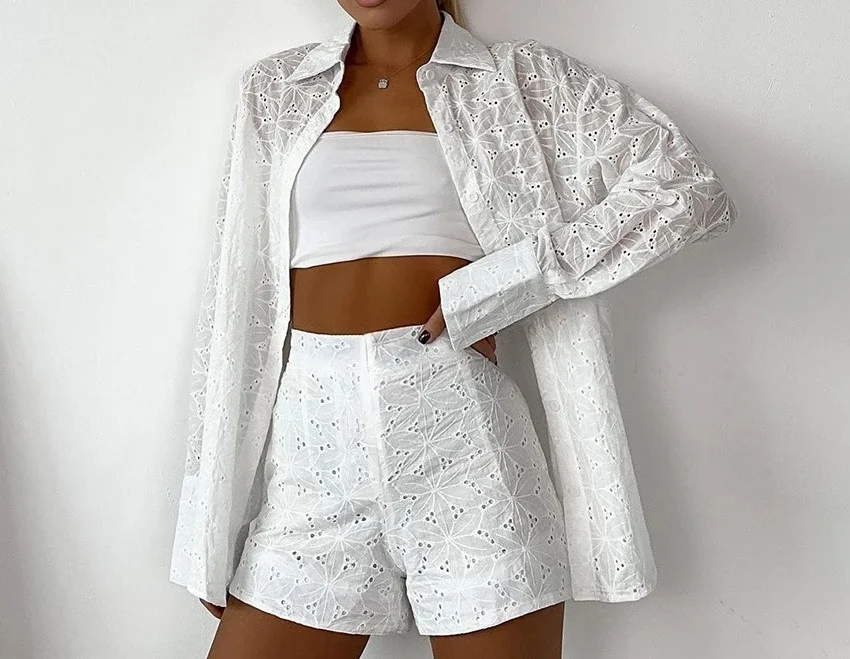 

Cotton Embroidered Fashion Versatile Casual Set Summer New Design Sense Long Sleeve Shorts Two Piece Set