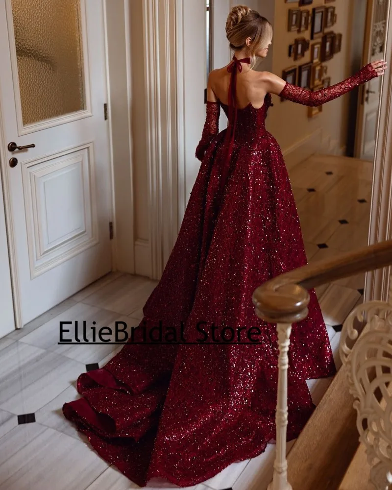 Burgundy Sequin Evening Dresses With Gloves Beading Overskirts Mermaid Wedding Reception Dress Split Dubai Prom Gowns Customized