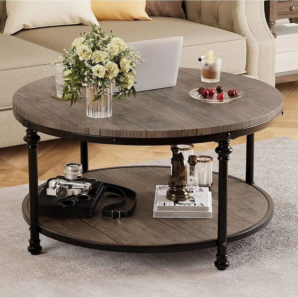 

Round Coee Table or Living Room Rustic Center Table with Storage Shel Wood Circle Coee Table with Sturdy Metal Legs, Easy Assemb