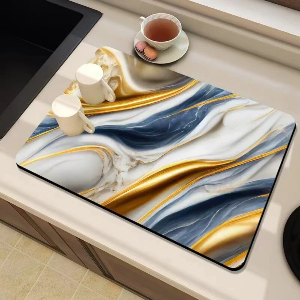 White Marble Print Dish Drying Mat Non-Slip Super Absorbent Quick Dry Pad Kitchen Counter Sink Draining Washable Tableware Mat