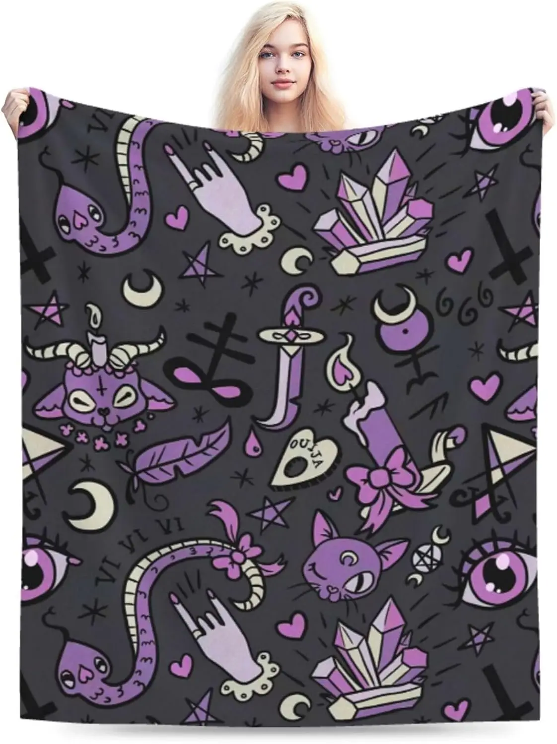 Gothic purple witchy pattern blanket occult symbols magic cat crystals wall tapestry dark aesthetic bedroom decor mystical art