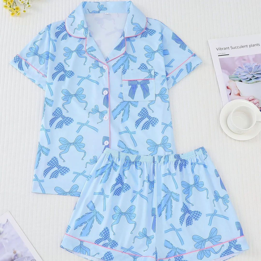

Синие женские пижамы с лацканами с бантом, короткими рукавами и шортами, домашняя одежда, комплект одежды