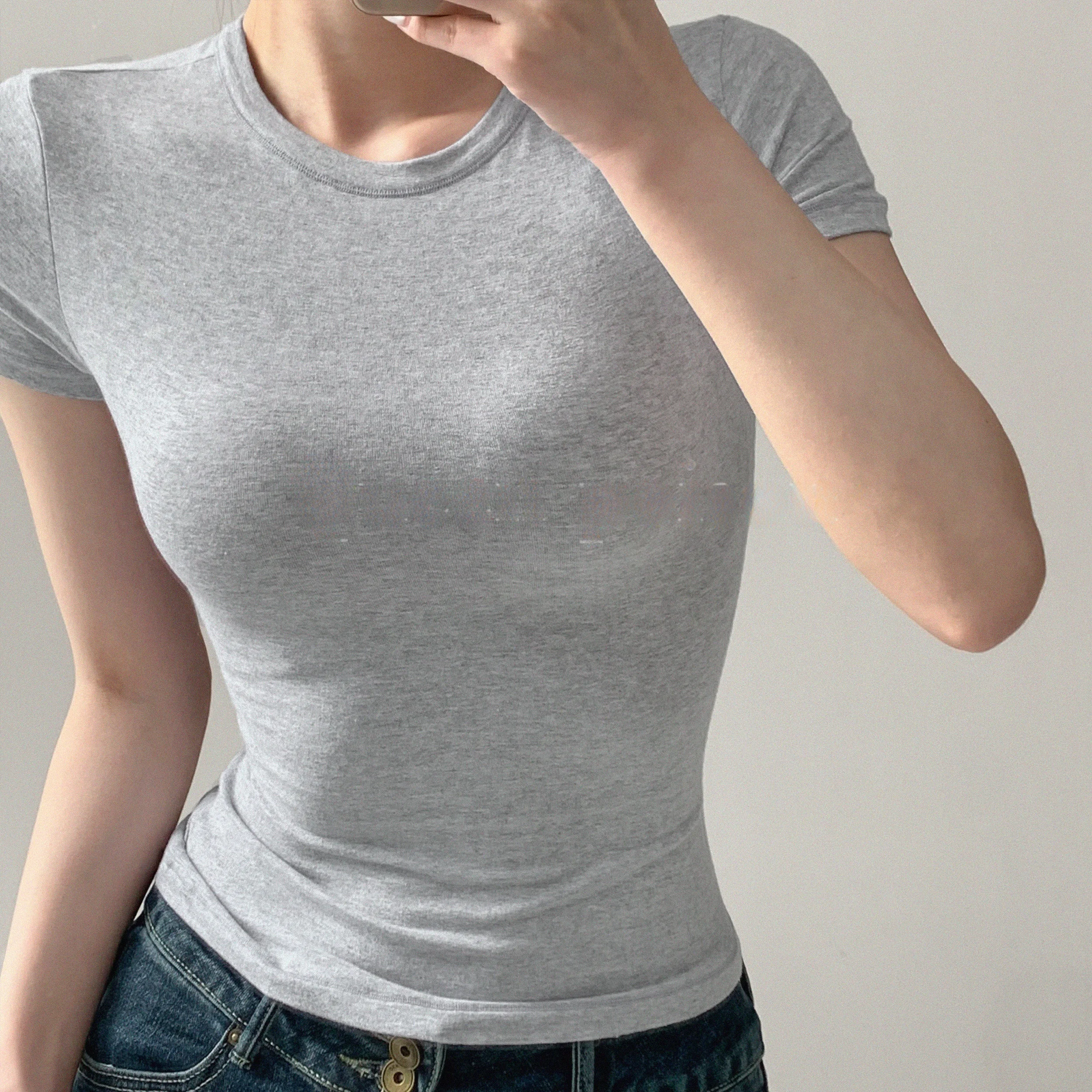 

Женская летняя футболка Slim Fit с коротким рукавом и круглым вырезом, утягивающая талию, базовый топ, модный повседневный дизайн с высокой талией