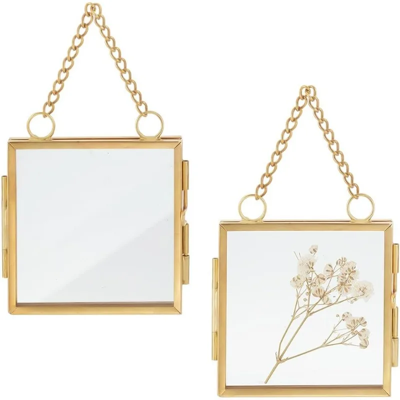 2pcs Mini Hanging Glass Frame Wall Hanging Photo Frames 2.7 Inch Double Glass Picture Frame with Chain Folding Frame DIY