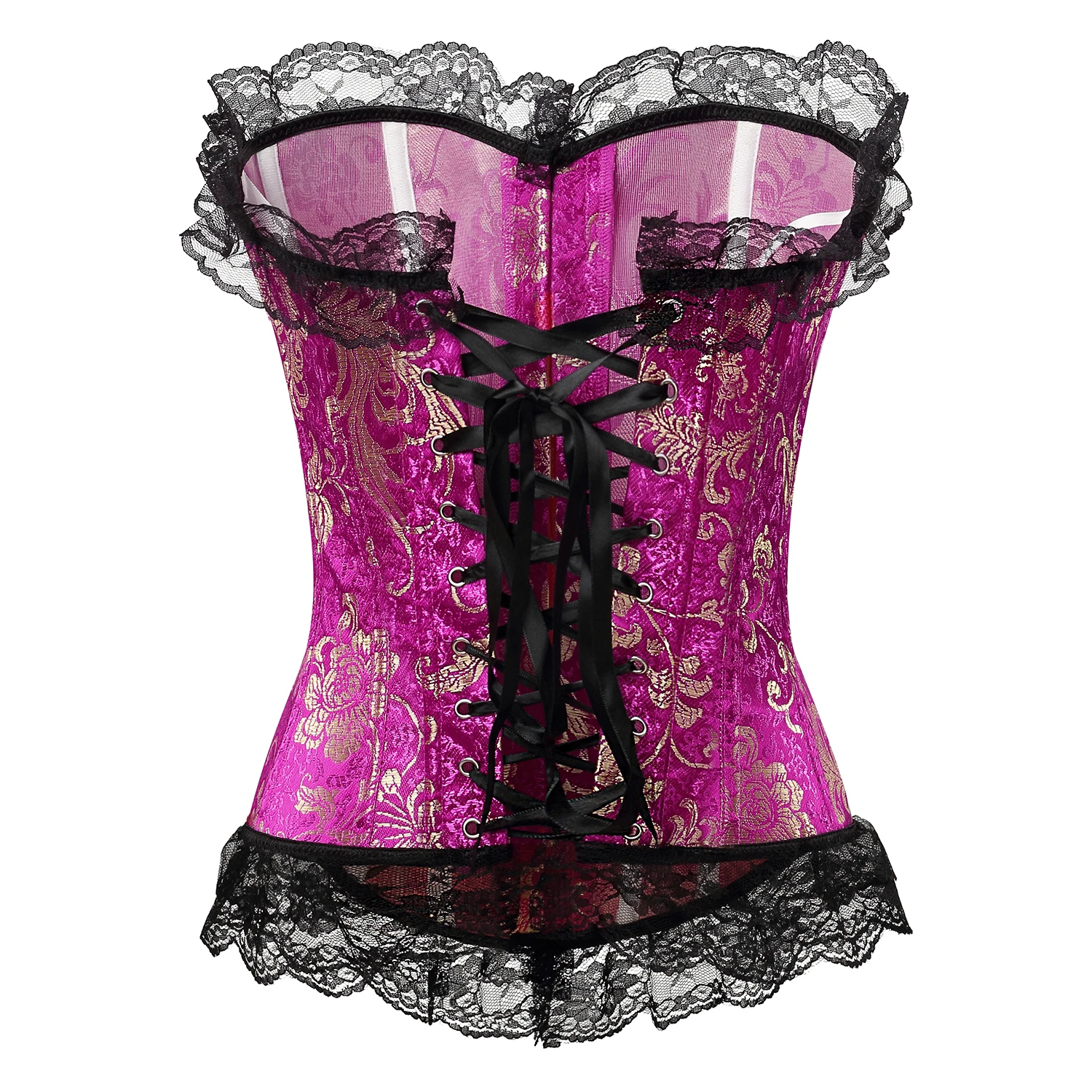 Plus Size Body Shaper Lace Up Victorian Corselet Overbust Satin Corset Top Floral Lingerie Sexy Bustier