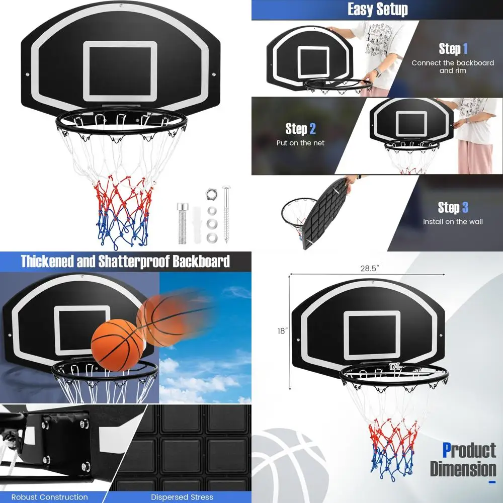 

Indoor Outdoor Wall-Mounted Basketball Hoop with Durable Shatterproof Backboard, Weatherproof Net and Complete Mounting Kit