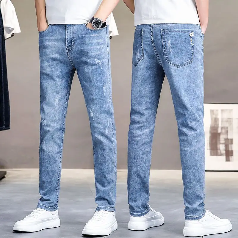 

High-end Denim Jeans for Men Slim Pencil Pants Spring and Autumn Blue Casual Pants Hombre Streetwear Jeans for Men Clothing