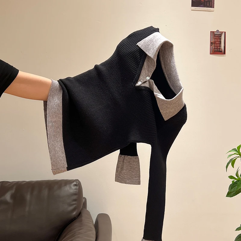 Pull tricoté femmes pulls nouveau à manches longues col rabattu Patchwork tricot pull haut pour femme femmes vêtements Q1357