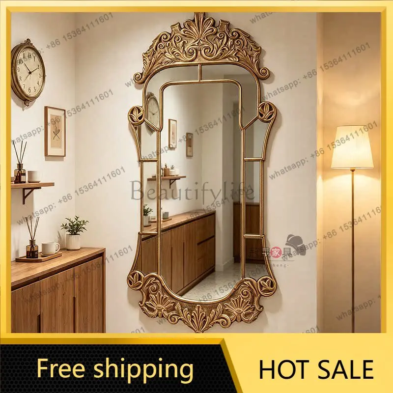 French retro carved full-length mirror European wall-mounted luxury living room American wall-mounted decorative mirror