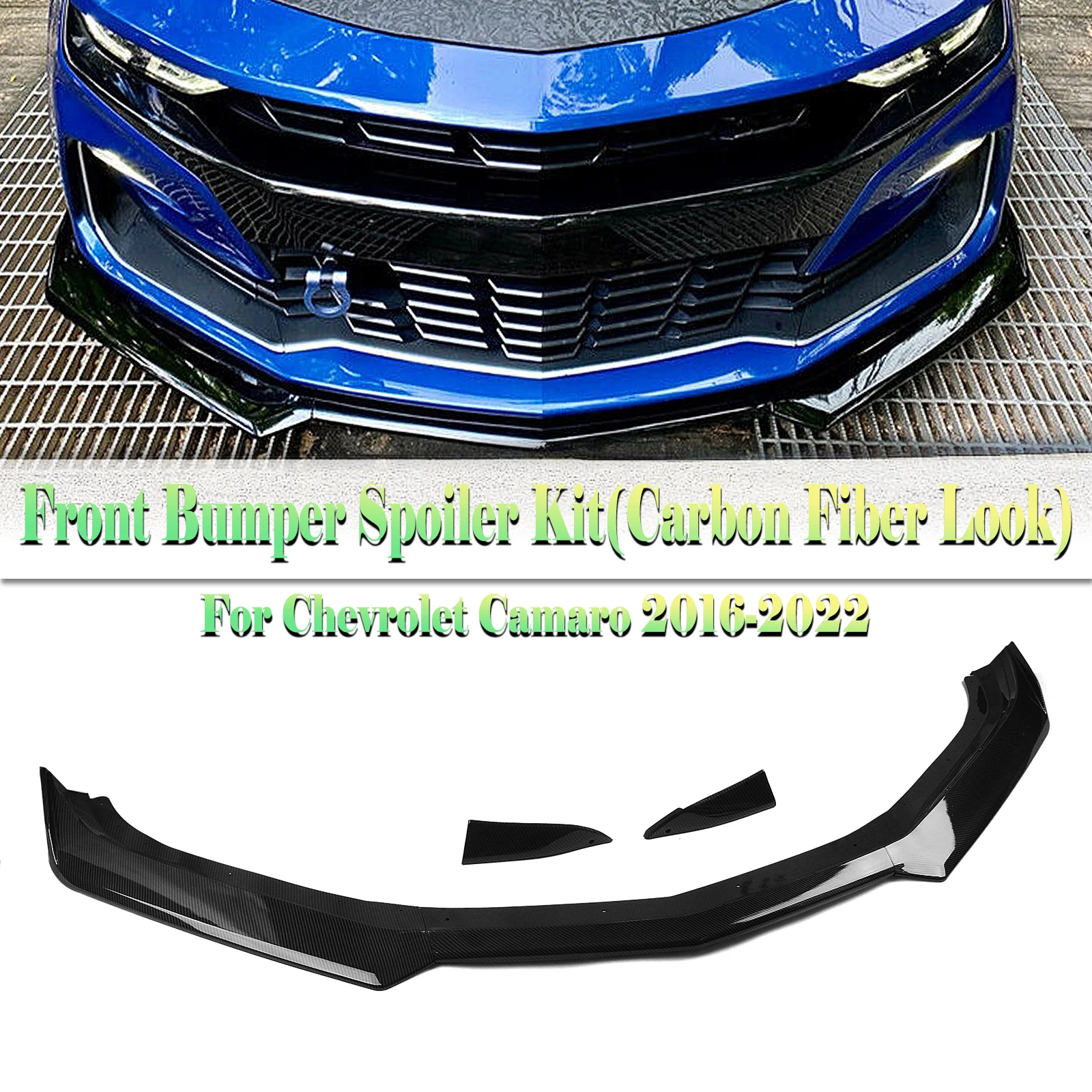 Front Bumper Spoiler Lip For Chevrolet Camaro SS 2016-2024 LS LT RS 2019-2024 Carbon Fiber Look/Gloss Black Lower Splitter Blade