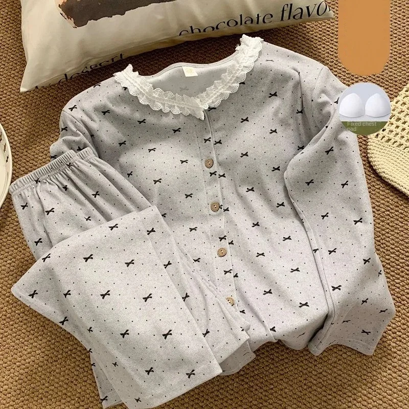 Harajuku Style Cartoon Relax Bear Women's Pajamas Plus Size 2PCS Set Cute Print with Chest Pad Autumn Winter New Loose Sleepwear