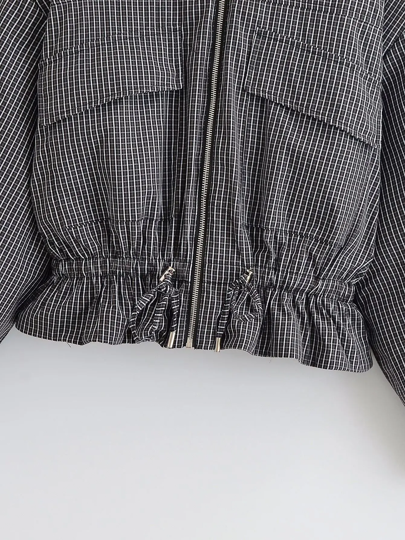 Retro Damen Karo-Jacke, modisch, mit Stehkragen, Kordelzug am Saum, lockere Passform, karierte Oberbekleidung, lässiger Mantel mit langen Ärmeln und Taschen – Detail 5