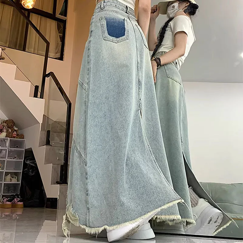 Womens Washed Denim Maxi Skirt High Waist Distressed Fringe Hem Asymmetrical Stitching Casual Broken Cowboy Skirt Y2K Streetwear