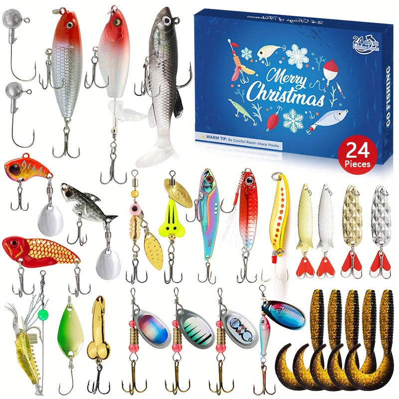 Set de regalo de pesca navideña de 24 piezas: cebos de plomo blando, señuelos de hierro y señuelos con lentejuelas brillantes para pescadores | Caja misteriosa navideña