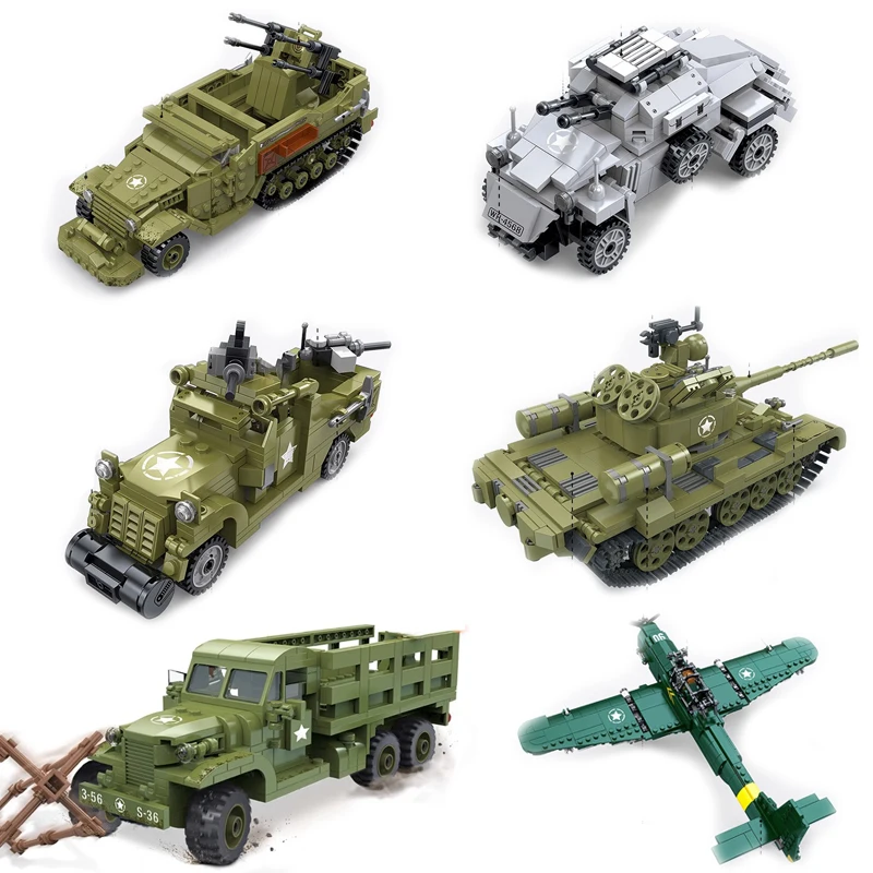 

WW2 Military Building Blocks US CCKW353 Cargo Truck M16 Armored Vehicle German MOC T34 Tank Armored Vehicle Brick Toys Boy Gifts