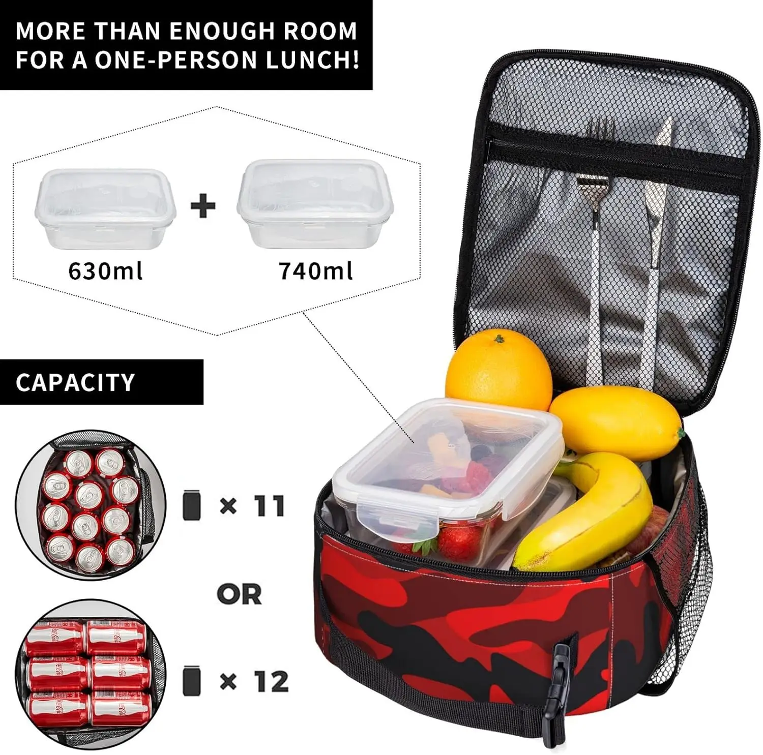 Lunch Box Military Camouflake Camo Red Black Insulated Bag Reusable with Side Pocket for Work School Picnic Hiking Daytrip Kids