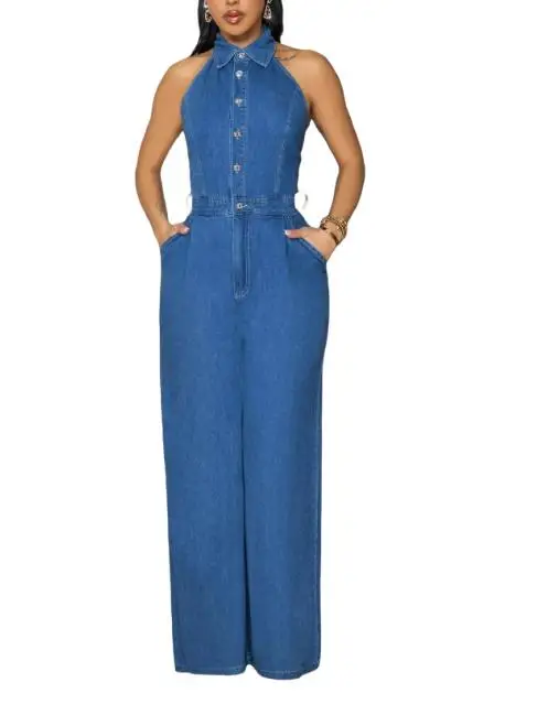 

2025 summer new denim fashion high elasticity sexy backless lapel wide leg pants sleeveless jumpsuit women's clothing
