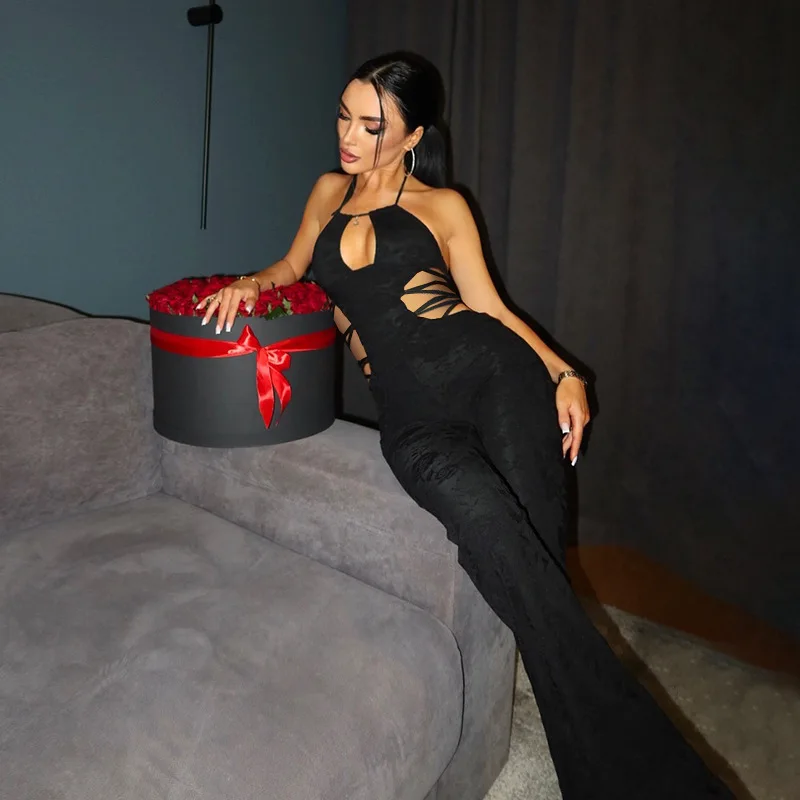 

Street Sle High Waist Lace Jumpsuit Hollow out Design Long Pants Polyester Fabric Individual Personali Sexy Girl Outfit