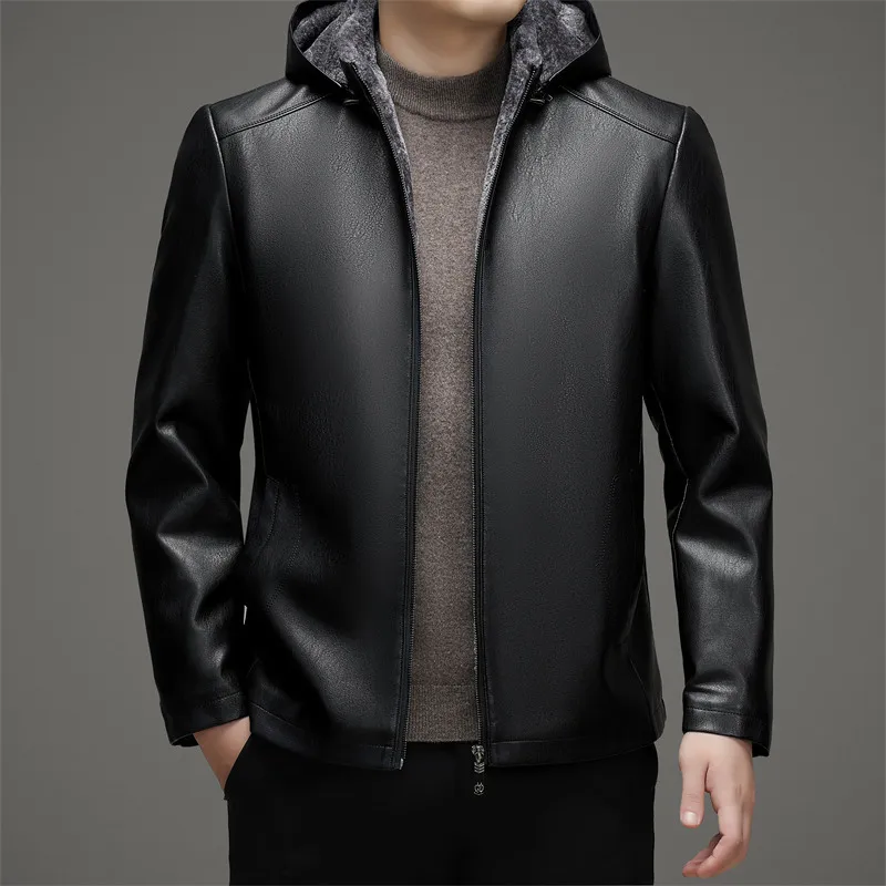 

Men's Middle-aged and Elderly Thickened Winter Dad's Hooded Loose Standing Collar Leather Jacket