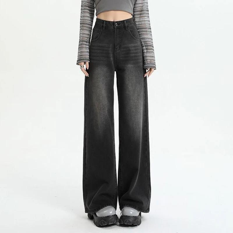 

Женские черные, серые джинсы с высокой талией, мешковатые прямые джинсовые брюки для девочек, женские шикарные корейские модные длинные брюки