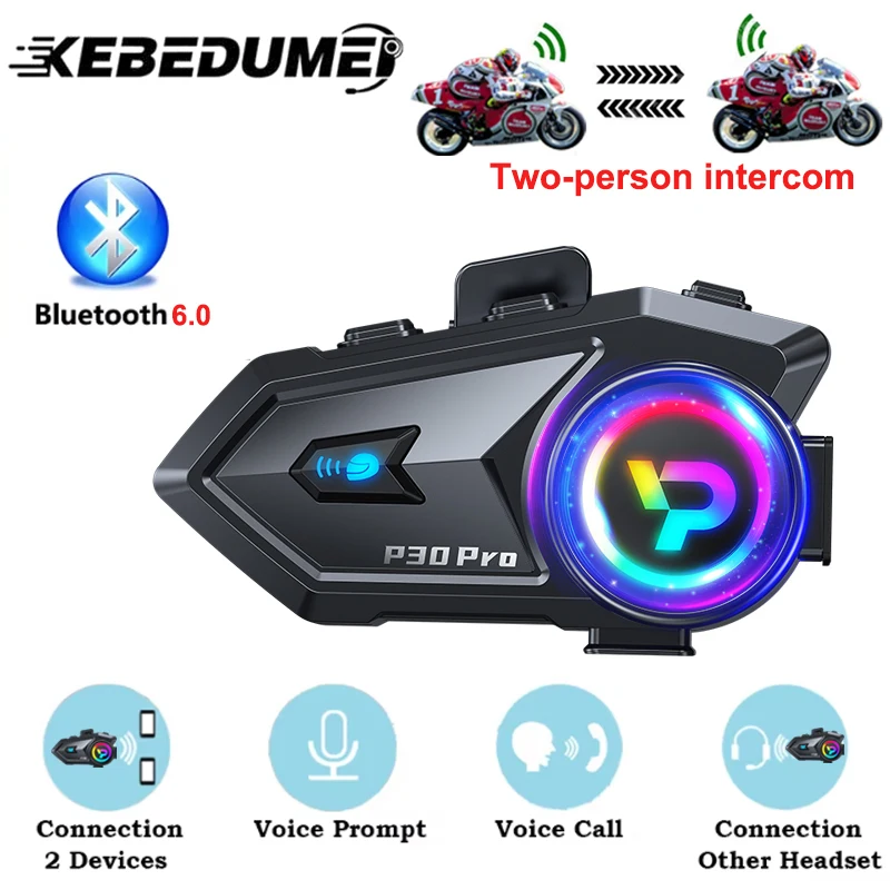 

KEBIDUMEI BT6.0 Мотоциклетный шлем Домофон с RGB окружающим освещением Обмещение музыки IP56 Водонепроницаемый голосовой помощник Мотошлем