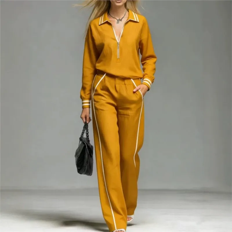 New Women's Half Zipper Striped Sweatshirt Wide Leg Pants Sets Casual 2pcs Sets Spring Autumn Fashion Street Sports Outfits