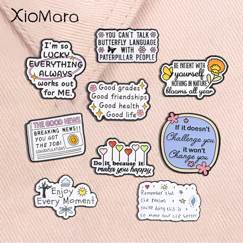 Positive Quotes Enamel Pins Everything Always Works Out For Me Lucky Girl Syndrome Self-affirmation Brooches Lapel Badge Jewelry