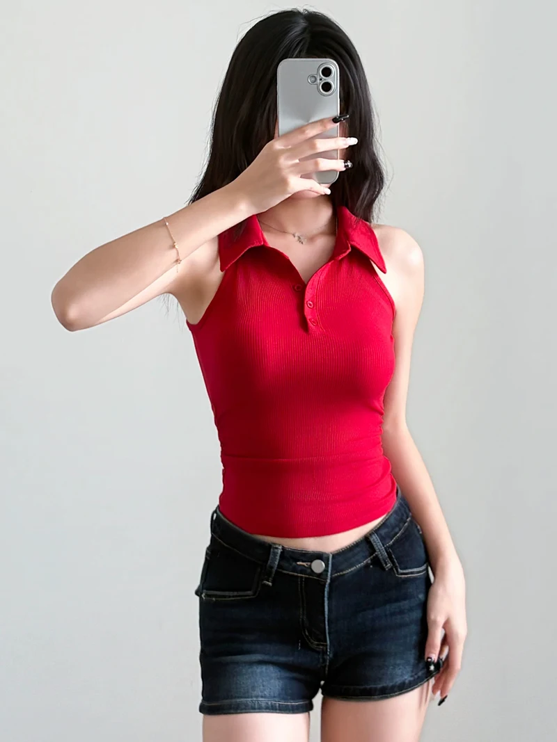 Women Polo Collar Sleeveless Tank Top With Ruched Waist, Slim Fit Basic Top for Outerwear & Layering