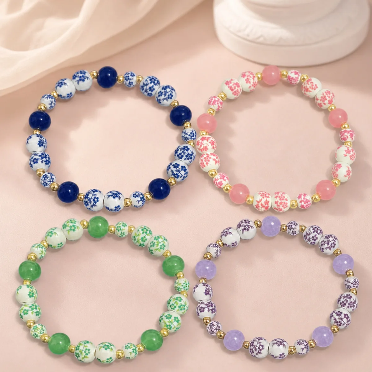 Retro Oriental Aesthetic Stretch Bracelet Colorful Flower Porcelain Bead Bracelet Women's Bracelet Birthday Girlfriend Gift