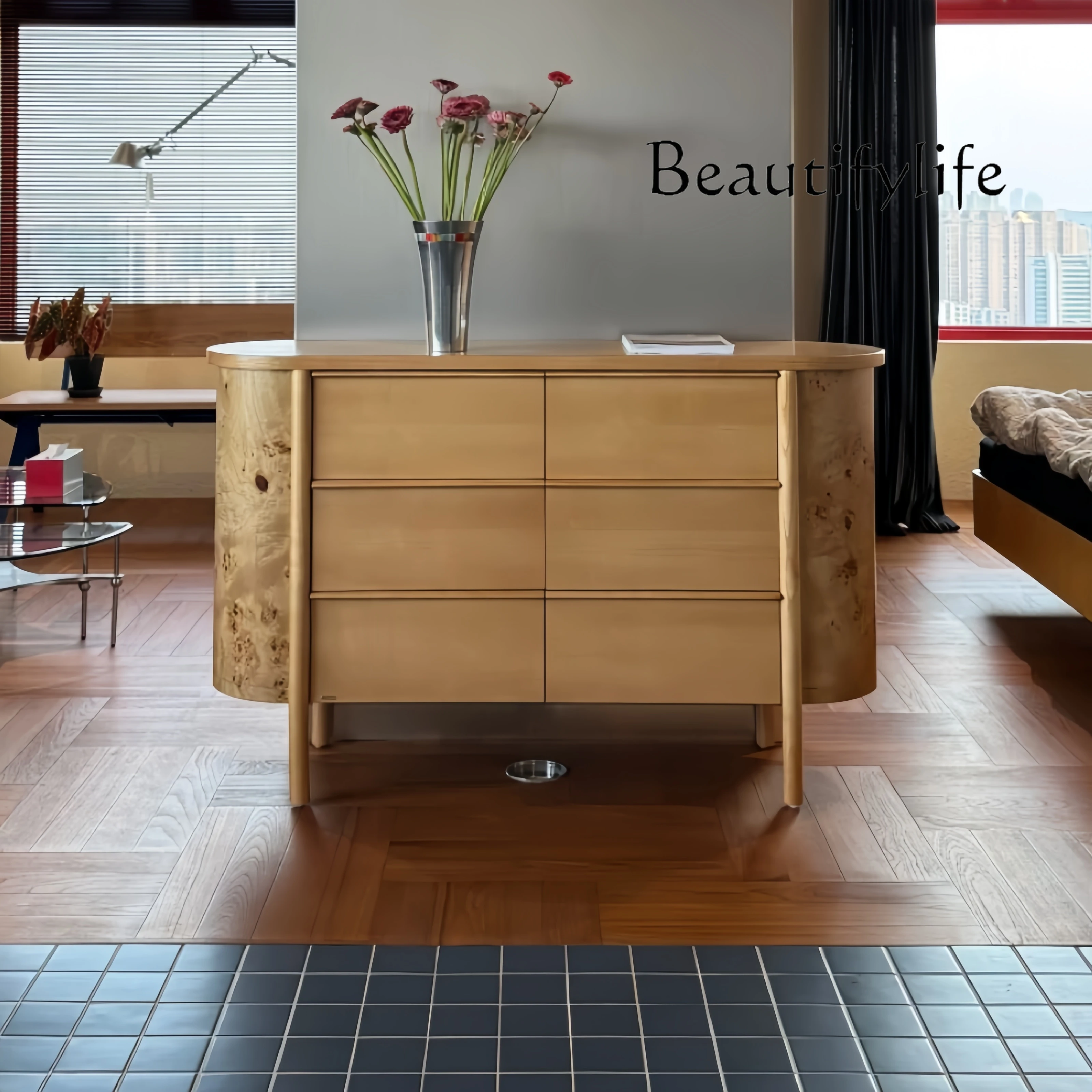 

Medieval solid wood six-chest cabinet, retro light luxury style tree tumor bark design, home living room entrance locker