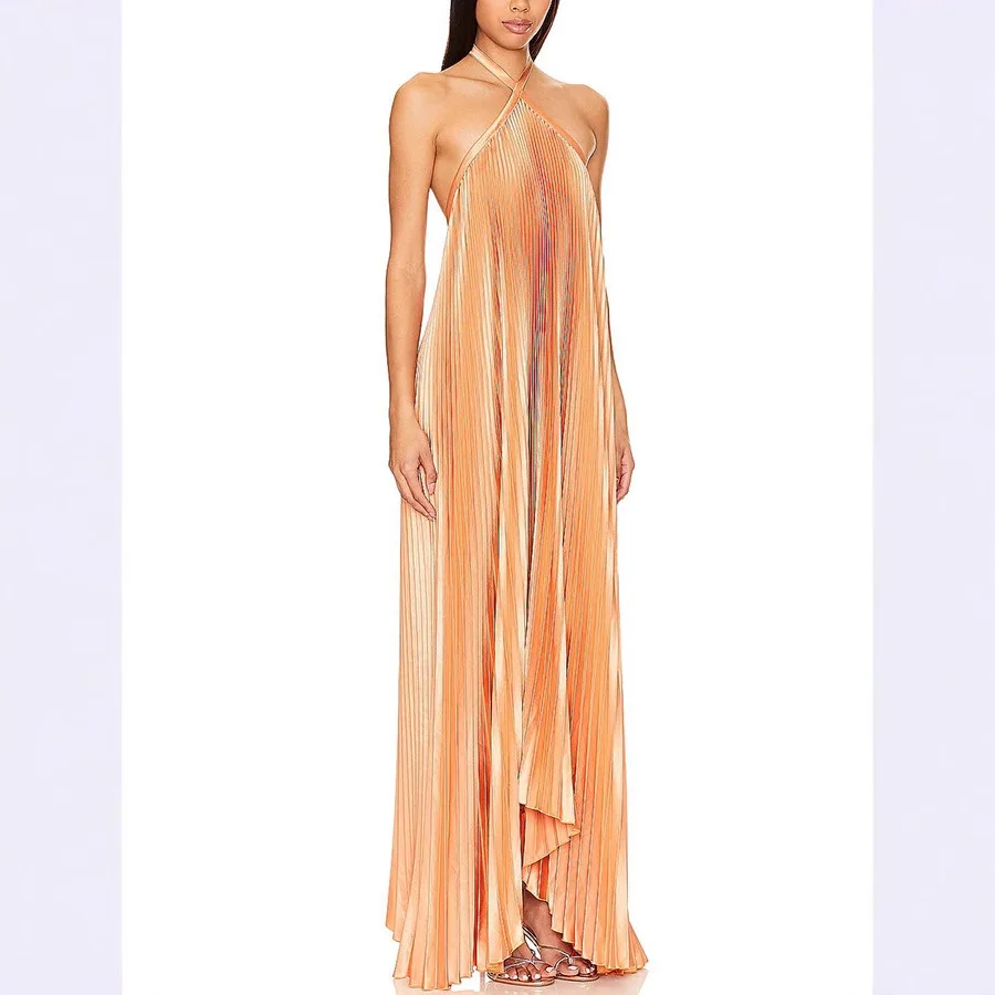 Fashion Pleated Solid Color Long Dress Sexy Halter Hollow Out Loose Evening Dress Women Elegant Sleeveless Backless Party Dress - view 4