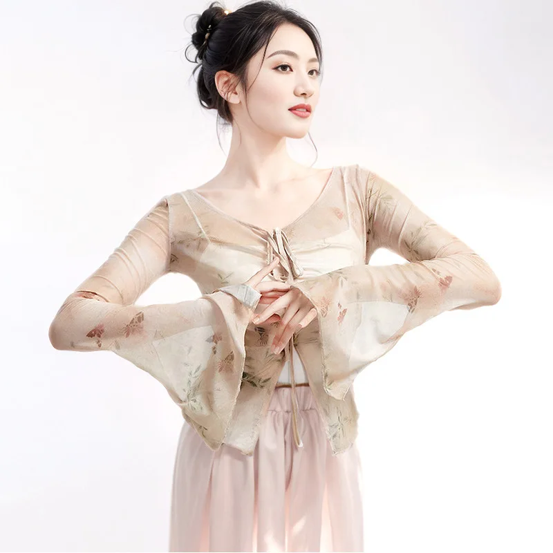 ملابس الرقص الكلاسيكي بأكمام طويلة ملابس شاش مطبوعة ملابس ممارسة الرقص الصيني العرقي ملابس الجسم