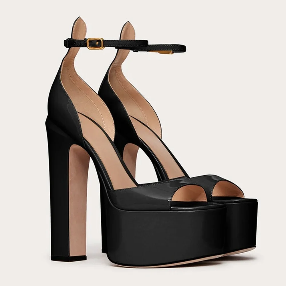 2022 New Sexy Party Women's Pumps Patent Leather Summer Sandals Thick High Heel Platform Fish Mouth Shoes Black White Big Size