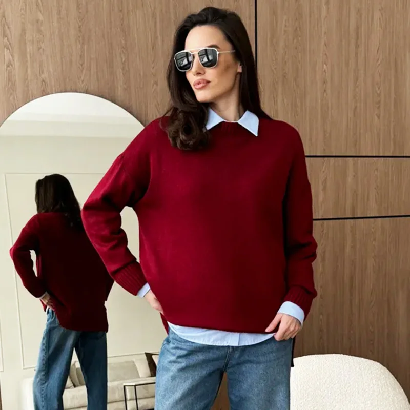 

Ticketsx Autumn Loose Long-sleeved Patchwork Casual Pullover Women Fashion Knitted Sweater New Solid Street Elegant Sweater