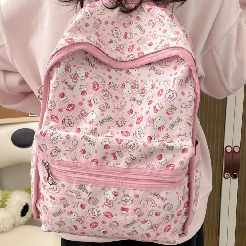 

Cute Hello Kitty New Casual Bow Nylon Backpack, Students Zipper Backpack, Large Capacity Schoolbags for Middle and High School