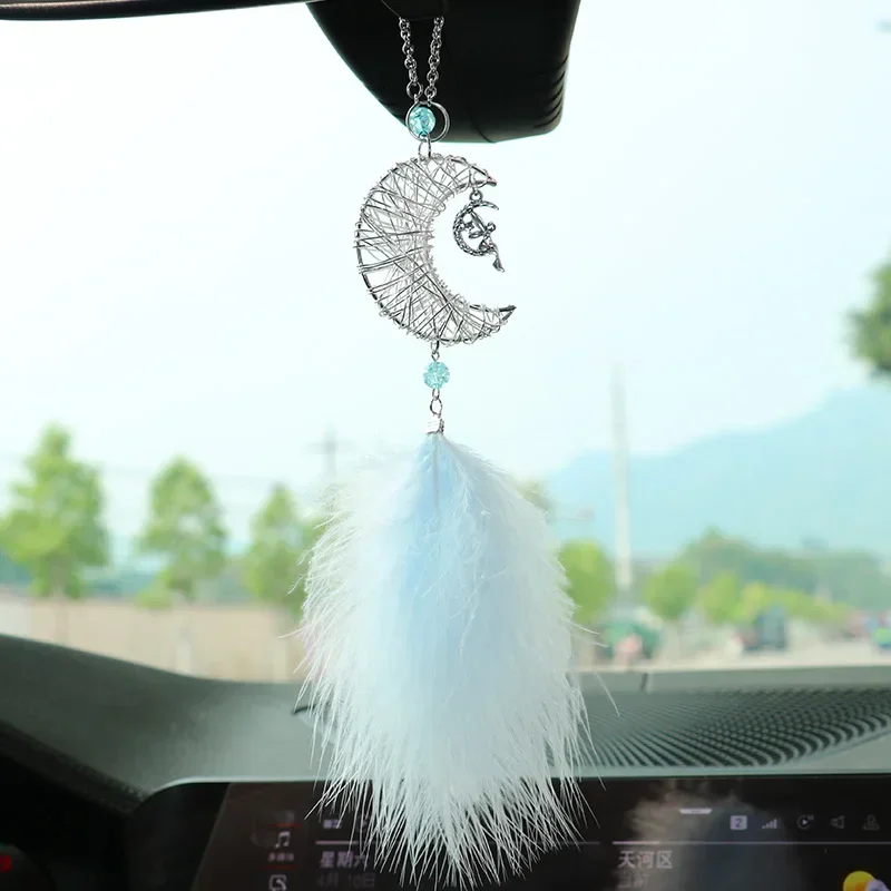 Skeleton Moon Feather Pendant Wrap Around Moon Angel Feather Car Interior Rear View Mirror Pendant Feather Perfume Decoration
