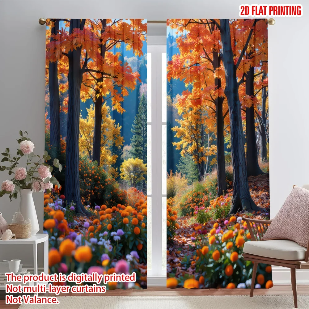 

2D flat printing 2pcs Curtains Autumn Forest with Flowers Digital Printed Polyester Drapes Family Party Decoration for Photo