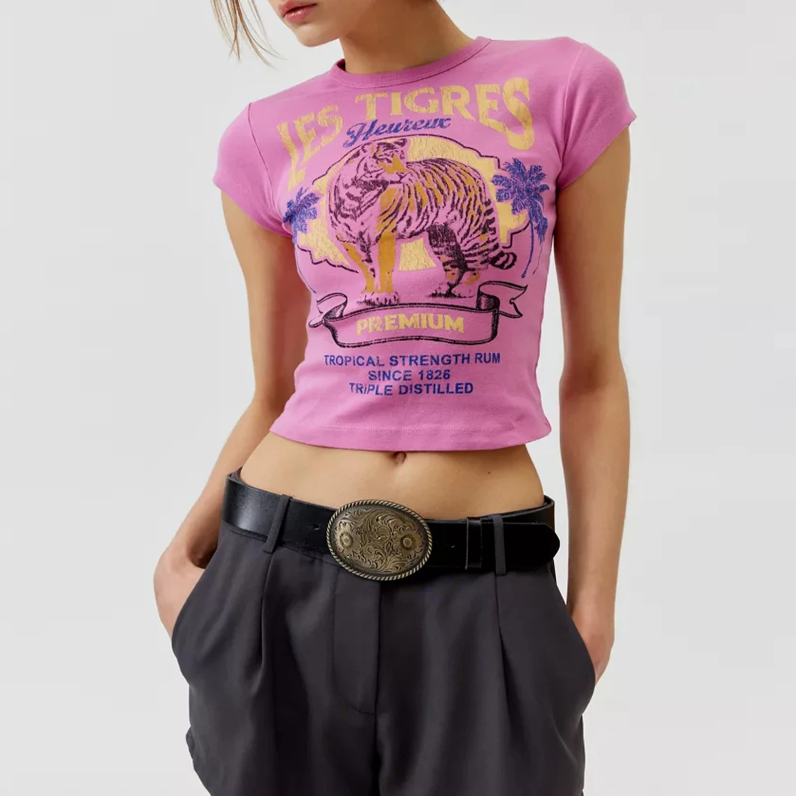 女性用半袖Tシャツ,ヴィンテージTシャツ,タイガープリントベーシッククロップトップ,カジュアルセーター,ストリートウェア,美的,グランジウェア,夏