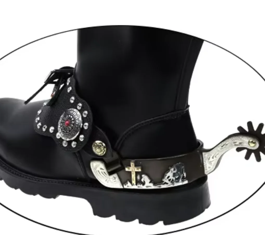 Iron Hair Black American Denim Spur Inlaid with White Copper Decorative Plate Hand-carved [SP5122]