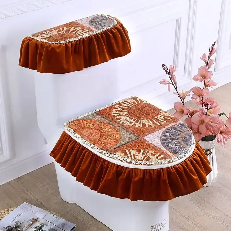 Lotus Leaf Edge Printed Toilet Seat Cushion U-shape Toilet Three Piece Set Dustproof and Anti-skid Lace Zipper Closestool Cover