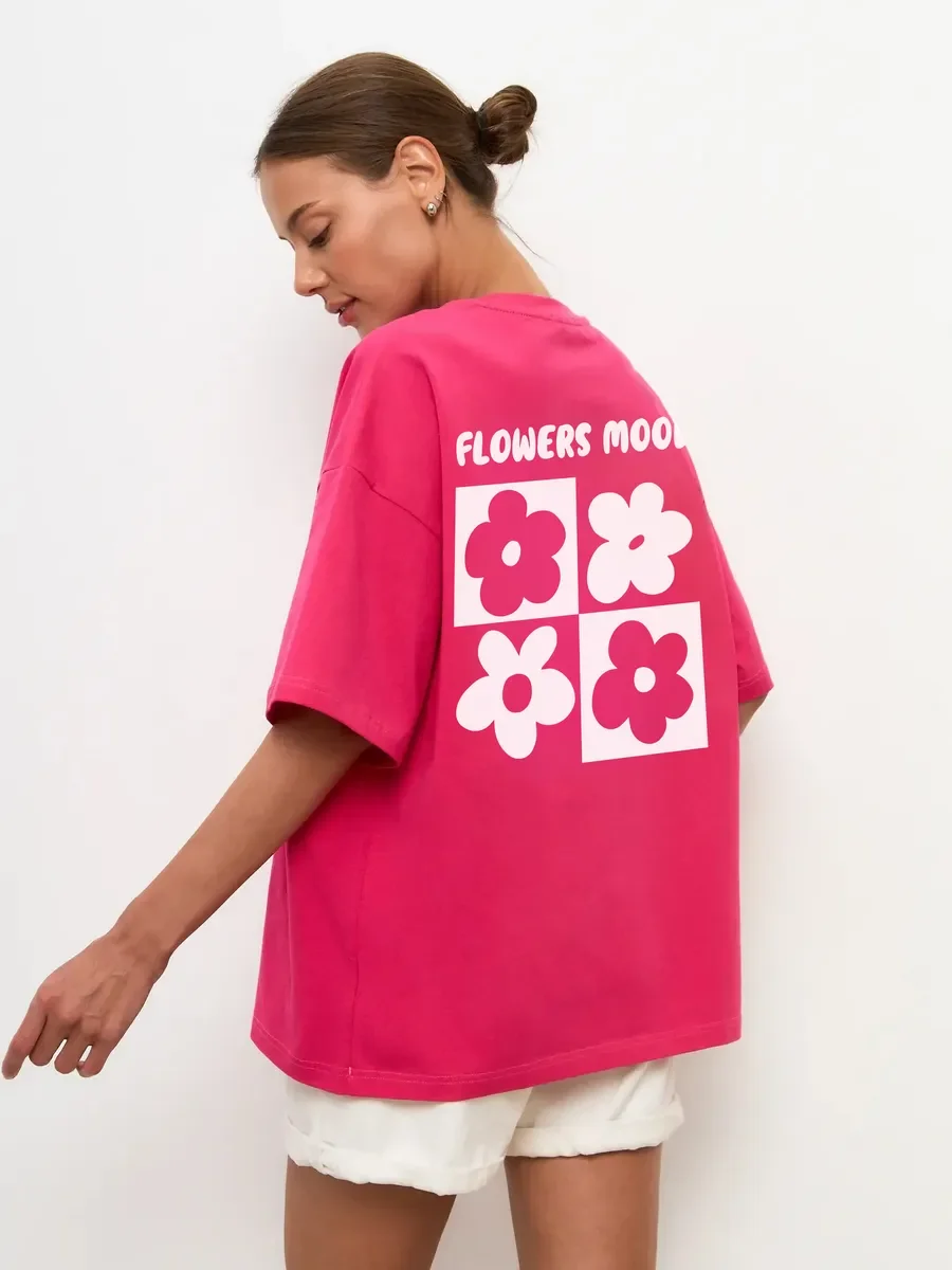 100% Cotton Hand Drawn Cute Flower Back Printed T Shirts DRAGON FRUIT Color Lovely Graphic Tee Loose Oversize Sweet Women Girls