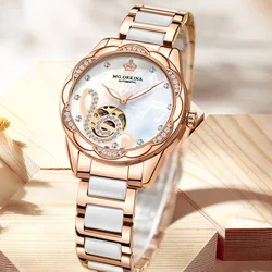 Luxury Mechanical Watch for Ladies Unique Skeletonized Musical Note Rhinestones Dial Stainless Steel Ceramic Strap Woman Gifts