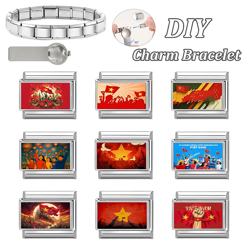 

Trendy Vietnamese National Day Italian Colorful Charm Links Fit 9mm Stainless Steel Bracelets Women Men DIY Making Gift