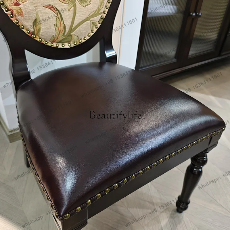 Customization American pure solid wood dining chair dark retro microfiber leather soft bag chair