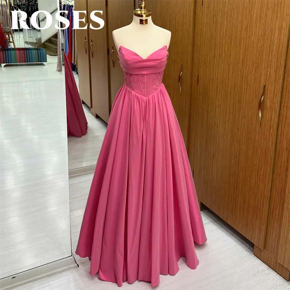 

ROSES A Line Charming Pink Prom Dress Gown V Neck Strapless Stain Formal Gown Pleat Sleeveless Evening Gown vestidos de noche