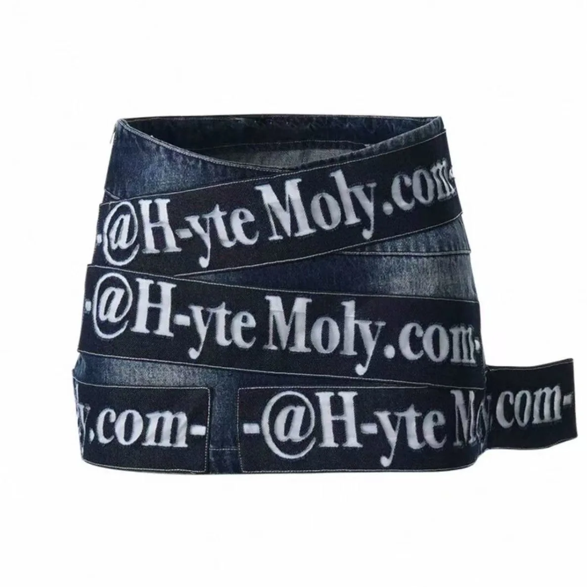Streetwear Rebellious Girl Denim Mini Skirt Asymmetric Wrap Design Letter Print High Waist Jean Skirt College Wind Womens