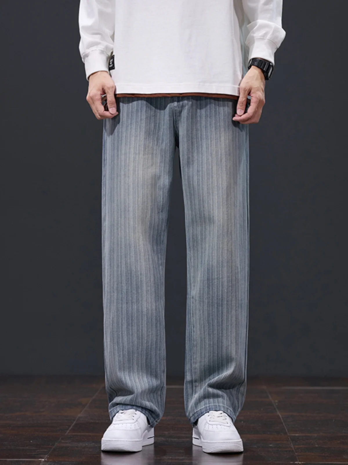 

Trendy Vintage Striped Loose Straight Leg Men's Jeans Autumn Spring New Sle Casual Wide Leg Long Trousers Cotton Polyester