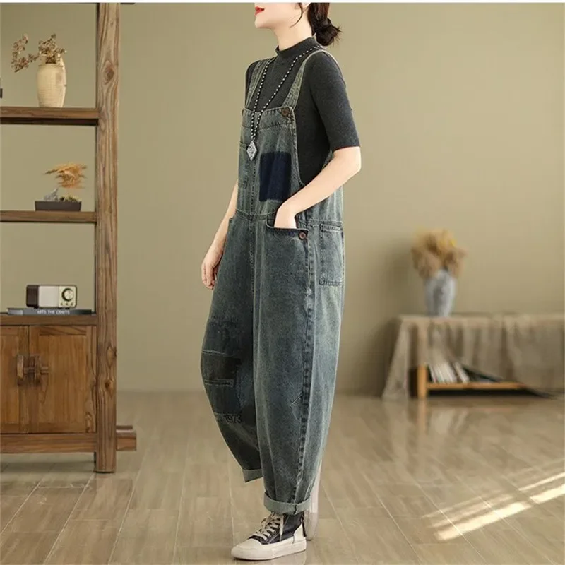 Jeans vintage da donna autunno stampa ampia patchwork versatile tuta in denim lavato tuta streetwear oversize a gamba dritta