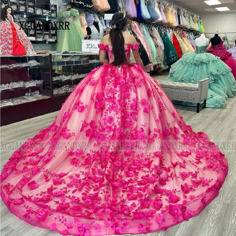 Vestidos De quinceañera rosas elegantes, Vestidos De 15 Años con cuentas, flores florales en 3D, hombros descubiertos, dulce 16, fiesta De cumpleaños Formal, 2024