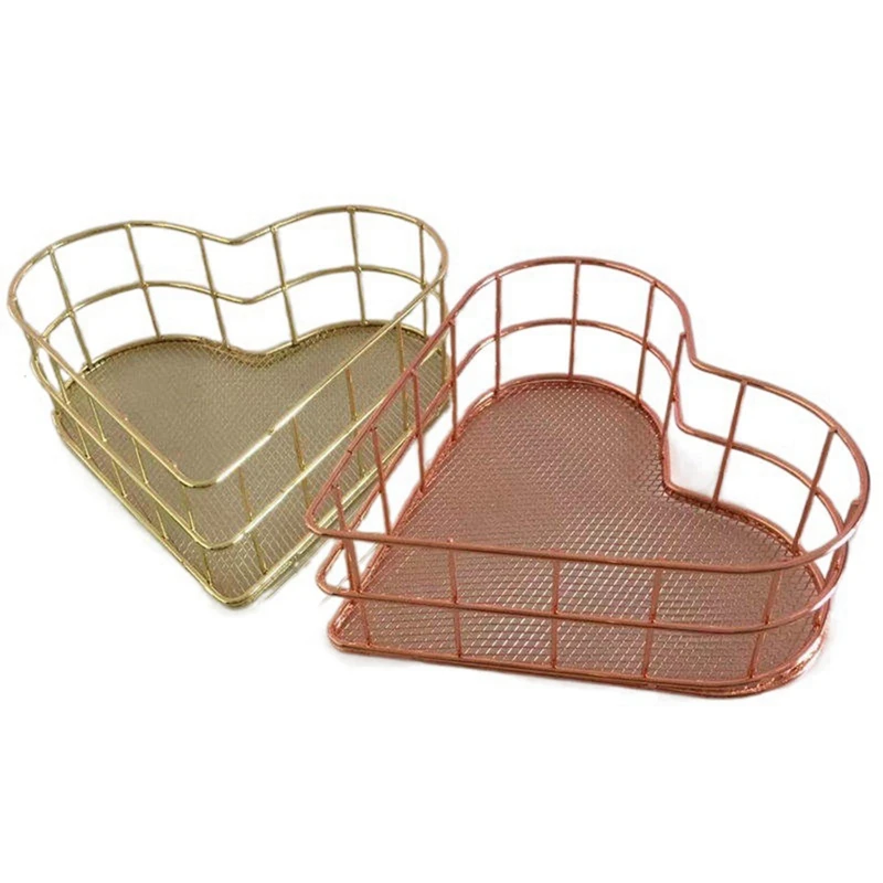 2 PCS Metal Tray Fruit Trays Jewelry Storage Trays Pink & Gold Iron Heart Wire Basket File Storage Basket Book